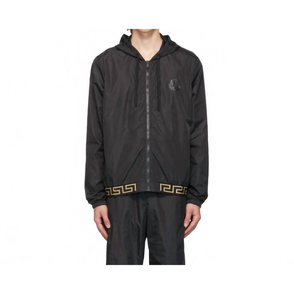 NEW VERSACE men's print nylon zip up jacket in black
